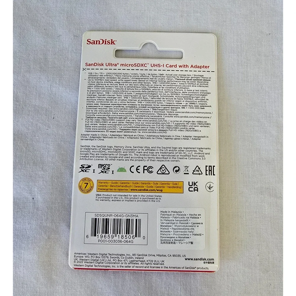 SanDisk 64GB Ultra Micro SDXC USH-I Card w/ Adapter New Sealed